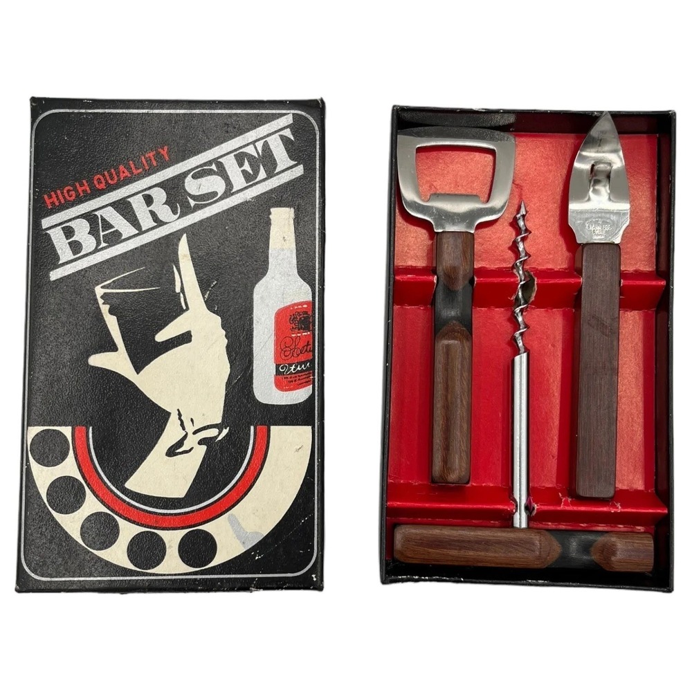Vintage High Quality Bar Set Wooden 3 Piece with‎ Original Box Japan